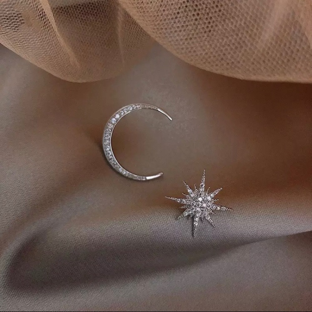Moon And Star Silver Tone and Crystal Earrings - Picture 8 of 14